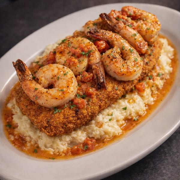 Crispy fried chicken cutlet topped with shrimp, tomato sauce, and parsley, served over grits.