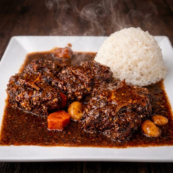 Steaming oxtail stew with carrots, potatoes, and white rice on a white plate.