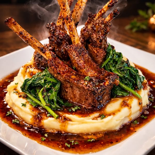 Steaming lamb chops with greens and mashed potatoes, drizzled with gravy on a white plate.