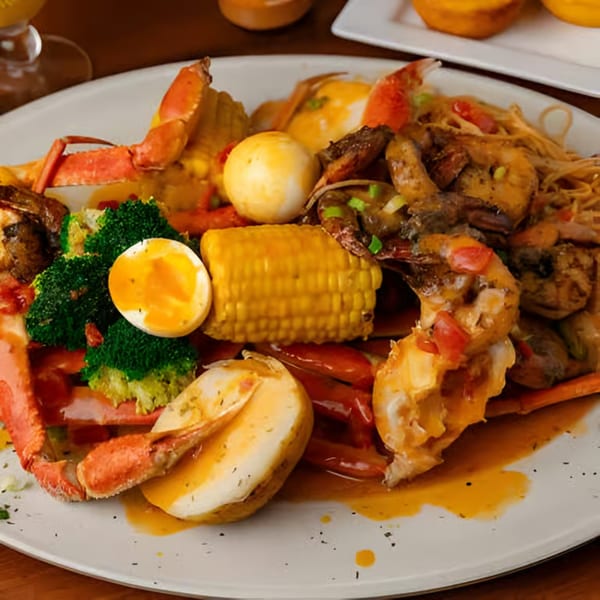 A seafood boil with crab legs, shrimp, corn, potatoes, broccoli, and hard-boiled eggs on a white plate.